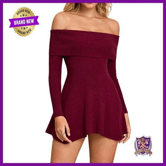 Dresses & Skirts - Off Shoulder Long Sleeve Mini Dress Knit A-Line Ruffle Cocktail